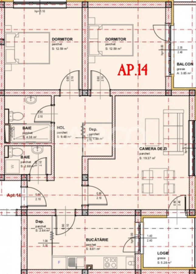 Apartament de vanzare 3 camere 2 bai 1 balcon 1 logie loc de parcare - 6
