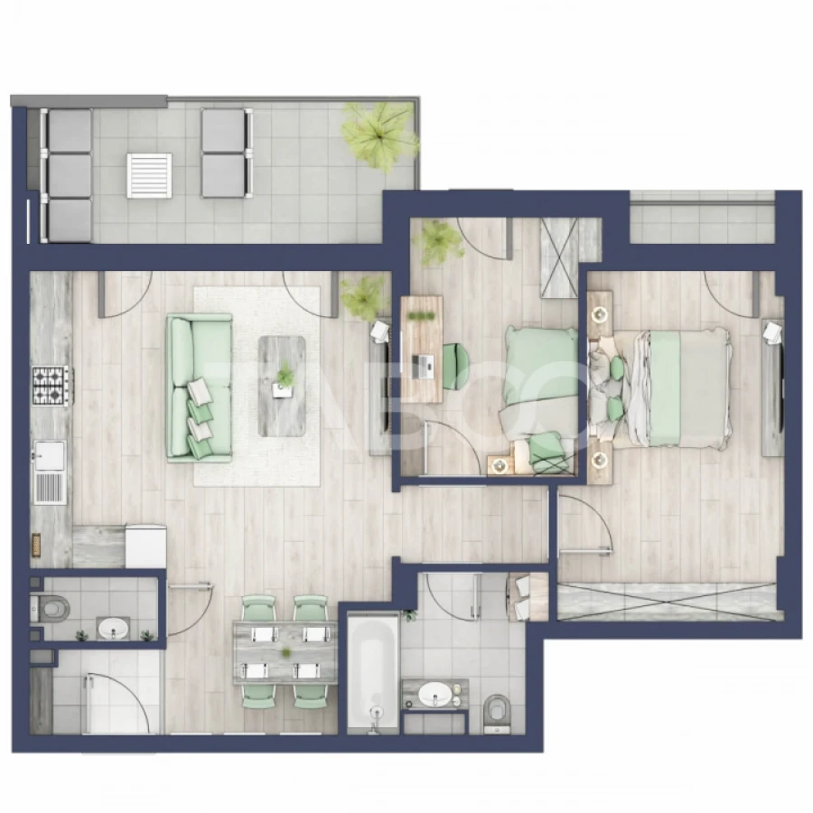 Apartament 63 mp utili 3 camere 2 bai gradina parter inalt Turnisor - 2