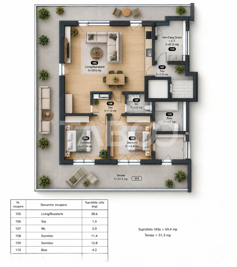 Penthouse cu terasa de 51mp de vanzare 3 camere 2 bai 1 parcare Sibiu - 4