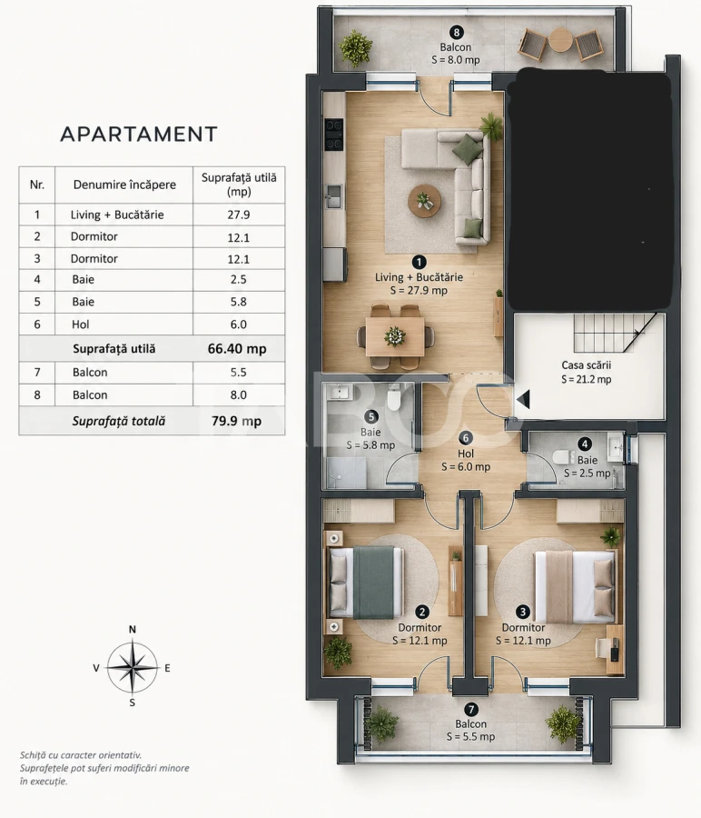 Apartament modern 3 camere 2 bai 2 locuri de parcare 66m Selimbar - 2