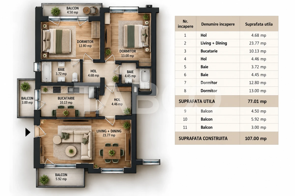 Apartament modern 3 camere 3 balcoane 2 bai 2 locuri parcare Selimbar - 2